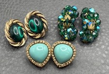 VINTAGE LOT BLUE GREEN RHINESTONE AB BEAD CLIP EARRINGS 1 MONET 1 GRIPOIX STYLE