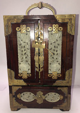 Antique/ Vintage Chinese Red Wood Lacquer With Jade Jewelry Box With Lock & Key