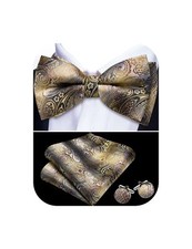 Men Bow Tie Set Paisley Gold Black Silk Pre-Tied Bowtie Pocket Square Cufflin...