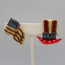 Lunch at the Ritz 4th of July USA Earrings Gold Tone Clip Red White Blue