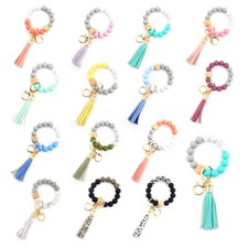 Key Ring Bracelet Car Keychain Holder Wristlet Silicone Women Beaded Bangle