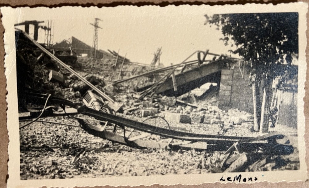 Vintage WWII Le Mans France destroyed bridge ruins historical photo