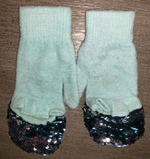 girls teens AQUA STRETCH BLUE SEQUIN FOLD BACK GLOVES MITTENS one size fits most