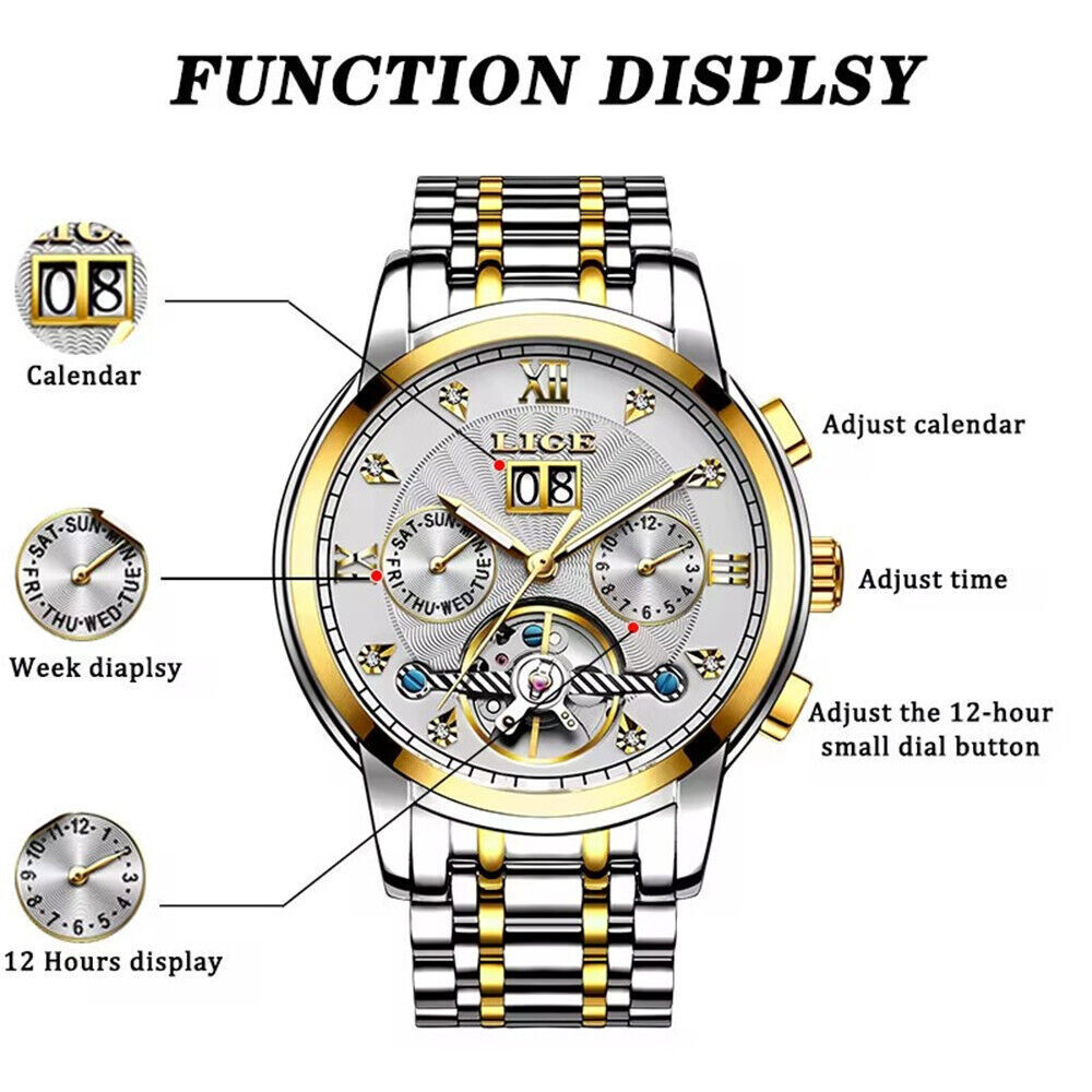 LIGE Mechanical Automatic Men Watch Silver Steel Wristwatch