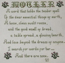 Completed Cross Stitch Mother Sentiment Mothers Day Flowers Green Pink