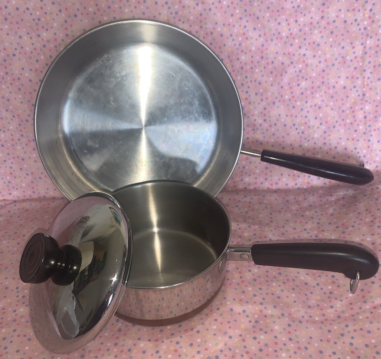 Revere Ware Copper Bottom Pans 3 Piece lot 1 qt with lid and 9 in Saute Fry Pan