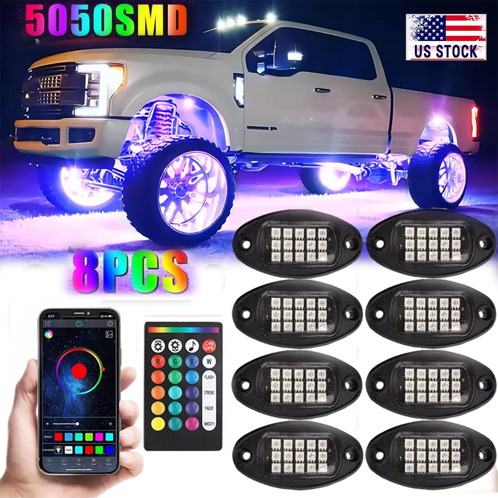 8Pods RGB LED Rock Lights with Wireless Bluetooth Music Sync for Offroad Underglow