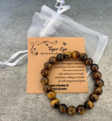 TIGERAUGE Armband dehnbar Handarbeit mit Geschenktüte & Karte Kristall Edelstein 8mm