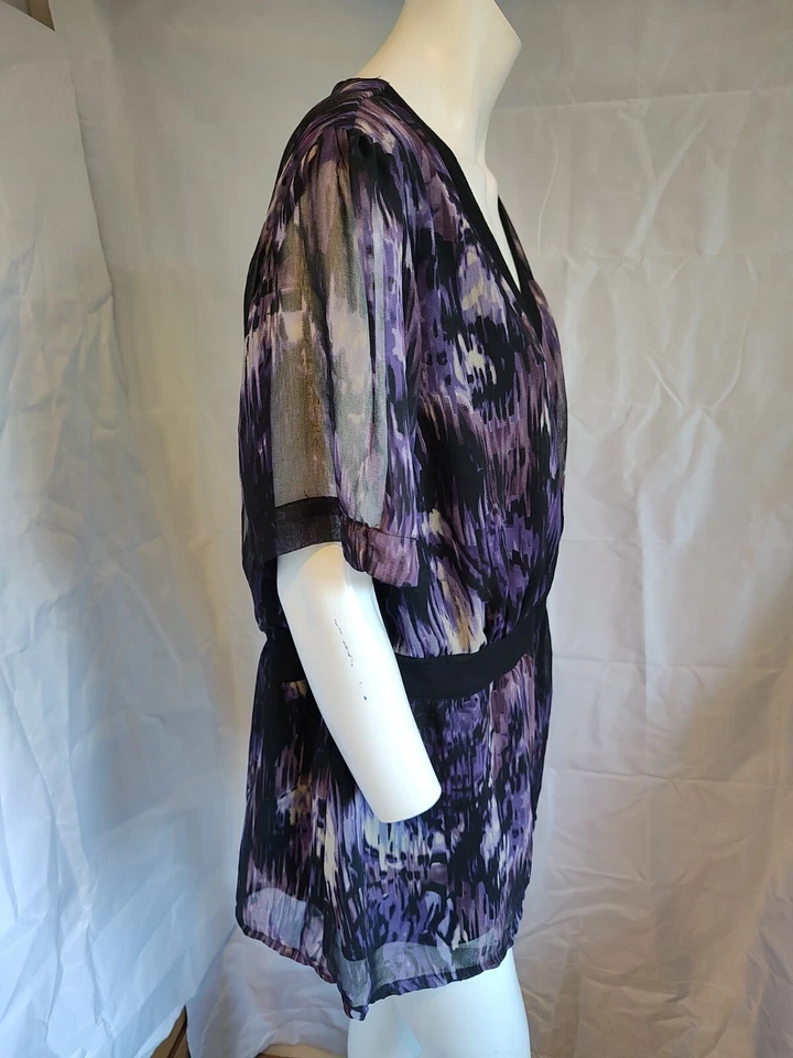 DAMART purple & black print V neck short sleeve chiffon blouse top size 22 - Image 2 of 4