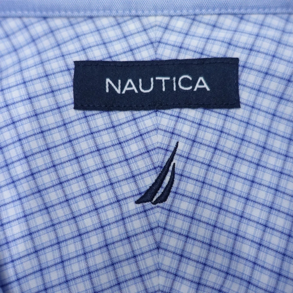 Nautica Dress Shirt Men's 15.5 Blue White Plaid Logo Long Sleeve Business Formal - Image 4 of 4