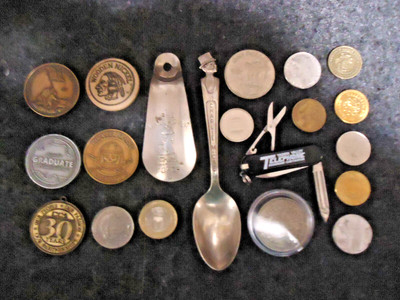 JUNK DRAWER-COINS, SPOON ,KNIFE, SHOE HORN, & ASSORTED STUFF (XX-1)