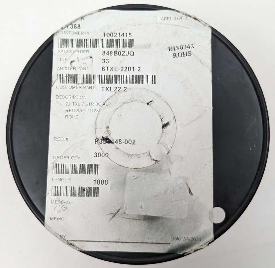 1000' 6TXL-2201-2 fio de conexão TXL XLP 22AWG encalhado 125C 60V vermelho SAE J1128 NOVO - Imagem 2 de 3
