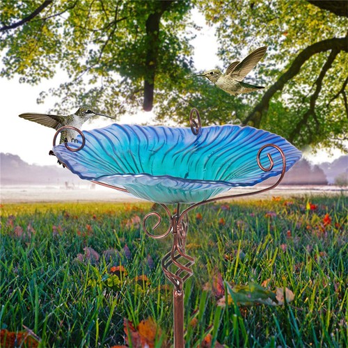 Outdoor Glass Bird Bath on Stake Garden Ornament Metal Wild Birds Feeder Bowl - Picture 4 of 11
