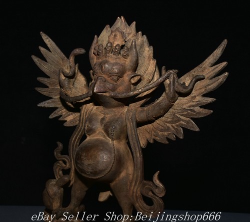 11.8" Old Tibet Bronze Redpoll Winged Garuda Bird Eagle Buddha Statue - Picture 10 of 13