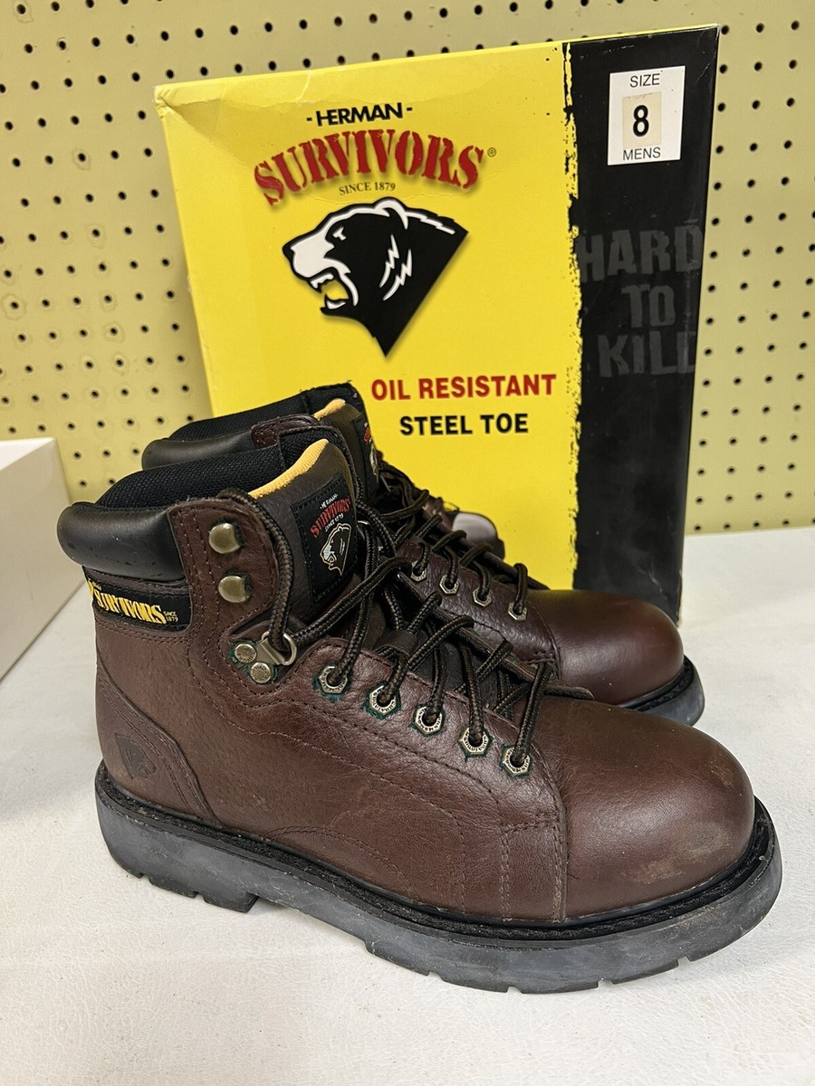 Mens Herman Survivors Brown Sz 8 Laced Steel Toe Oil