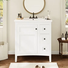 30In Bathroom Vanity w/Ceramic Sink, White Bathroom Storage Cabinet w/3 Drawers