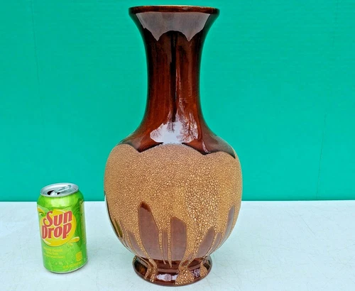 Haeger Vase Pottery 4171 Brown Drip Glaze Sand Textured 14.5"