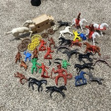 Large Lot Vintage 1960s Plastic Cowboys  Indians, Horses Wagons