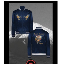 Eddie Vedder Dragon Embroidered Blue Bomber Jacket XL Full Zip Band Collar