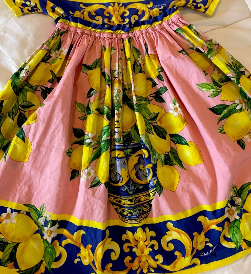 Vestido rosa Dolce & Gabbana para niñas con florero mayólica azul y limones usado talla 6 Foto 2 de 4