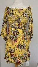 Anthropologie Farm Rio Bria Dress Sz S Mini Smocked Yellow Tropical Print NWOT