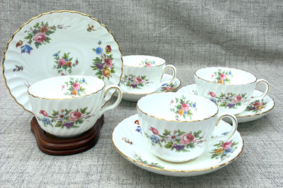 Minton Marlow Cup & Saucer Sets England Porcelain Globe Stamp Floral Set of Four