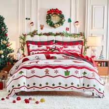 Christmas Duvet Cover Set Red White Queen Size with Snowflakes Deers Socks an...
