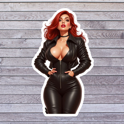 Pinup girl sticker vinyl decal redhead hourglass thick curvy biker cleavage