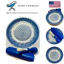 Ceramic Garlic Grater Set 4-Piece With Peeler Brush Stand Blue Embossed