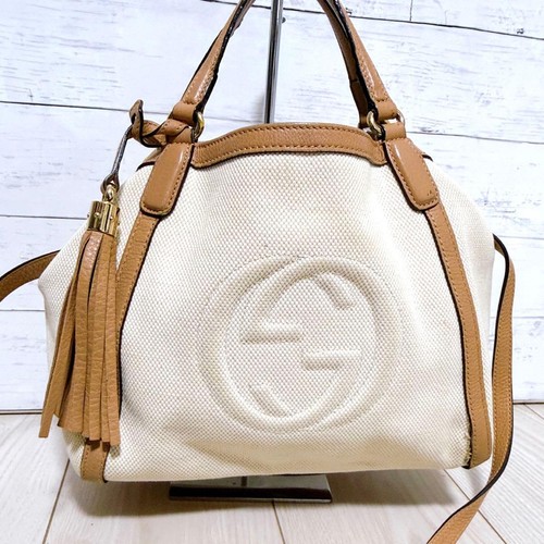 GUCCI Grained Shoulder Hand Bag Turnlock Leather Canvas Beige White From Japan