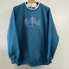 Vintage Teal Embroidered Winter Trees Cozy Crewneck Sweatshirt Size L Holiday