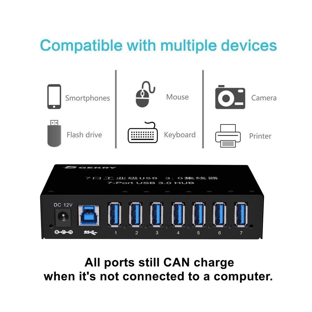 USB 3.0 Hub, USB Data Hub, Metal Case Mountable 7-Port Powered USB Hub 3.0 wi...