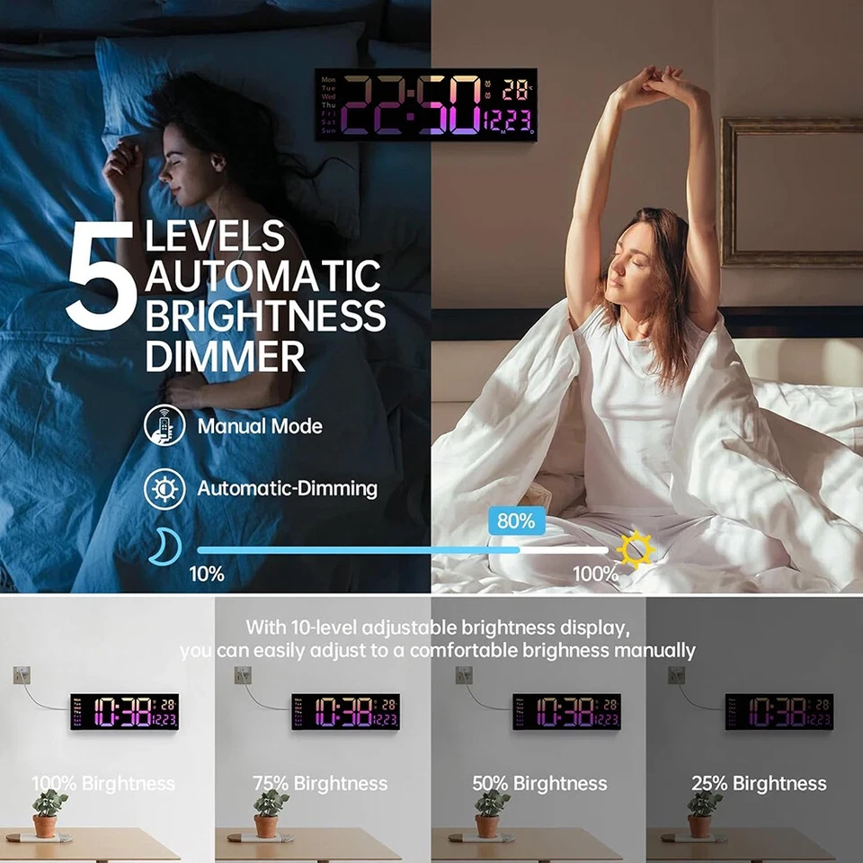 Digital LED Large Display Wall Desk Alarm Clock Calendar Temperature Date Remote - Image 2 of 4