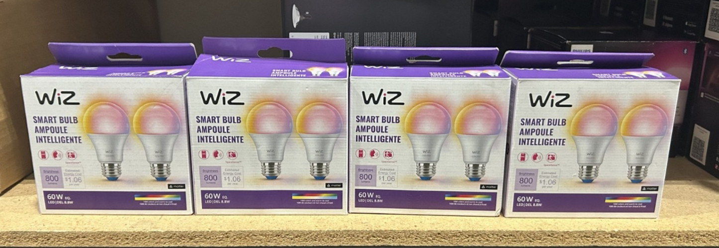 Lot of 8- WiZ Connected LED Smart Light Bulbs, Multicolor A19 60W Equivalent-E26