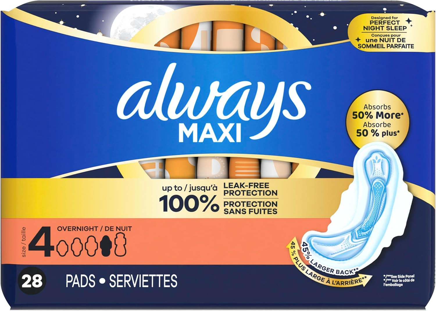 Always Maxi Overnight Pads with Wings for Women, Size 4, Overnight Absorbency, U