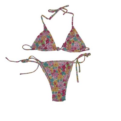Make Me Chic Women Medium Multicolor Smocked Drawstring 2 Piece Bikini Swimsuit