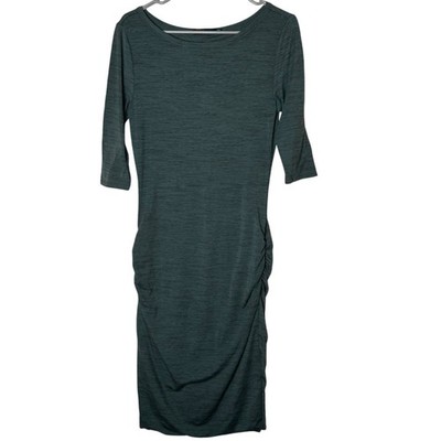 PrAna Ruched Midi Dress S Green 3/4 Sleeve Stretch Travel Casual Sustainable