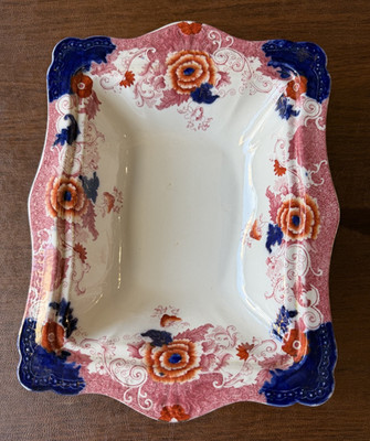 Verona Wood Footed Rectangular Bowl Imari Transferware Semi Porcelain Antique