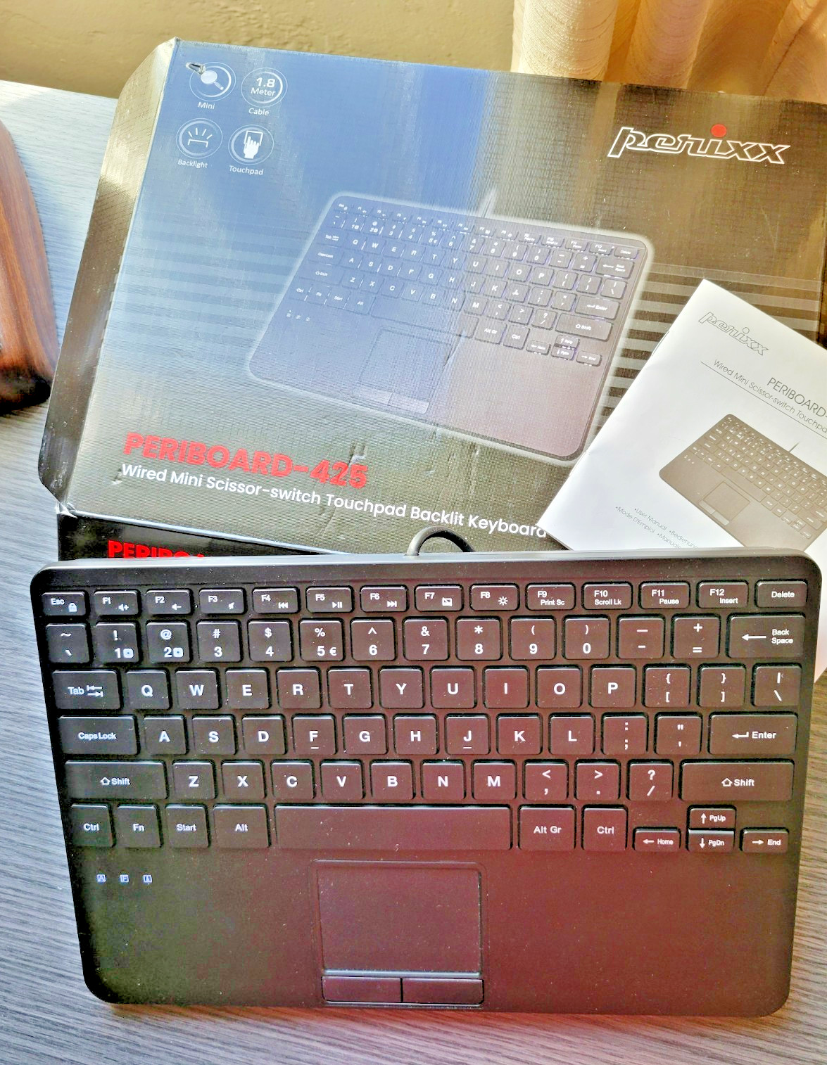 Perixx PERIBOARD-425 Backlit Mini Wired Keyboard Touchpad 2 USB Hubs - Open Box