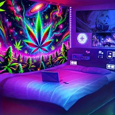 Vibrant UV Reactive Tapestry • 1pc Colorful Psychedelic Wall Hanging • Marijuana