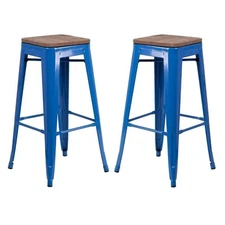 Home Square 30" Backless Metal Bar Stool in Blue and Wood Grain - Set of 2