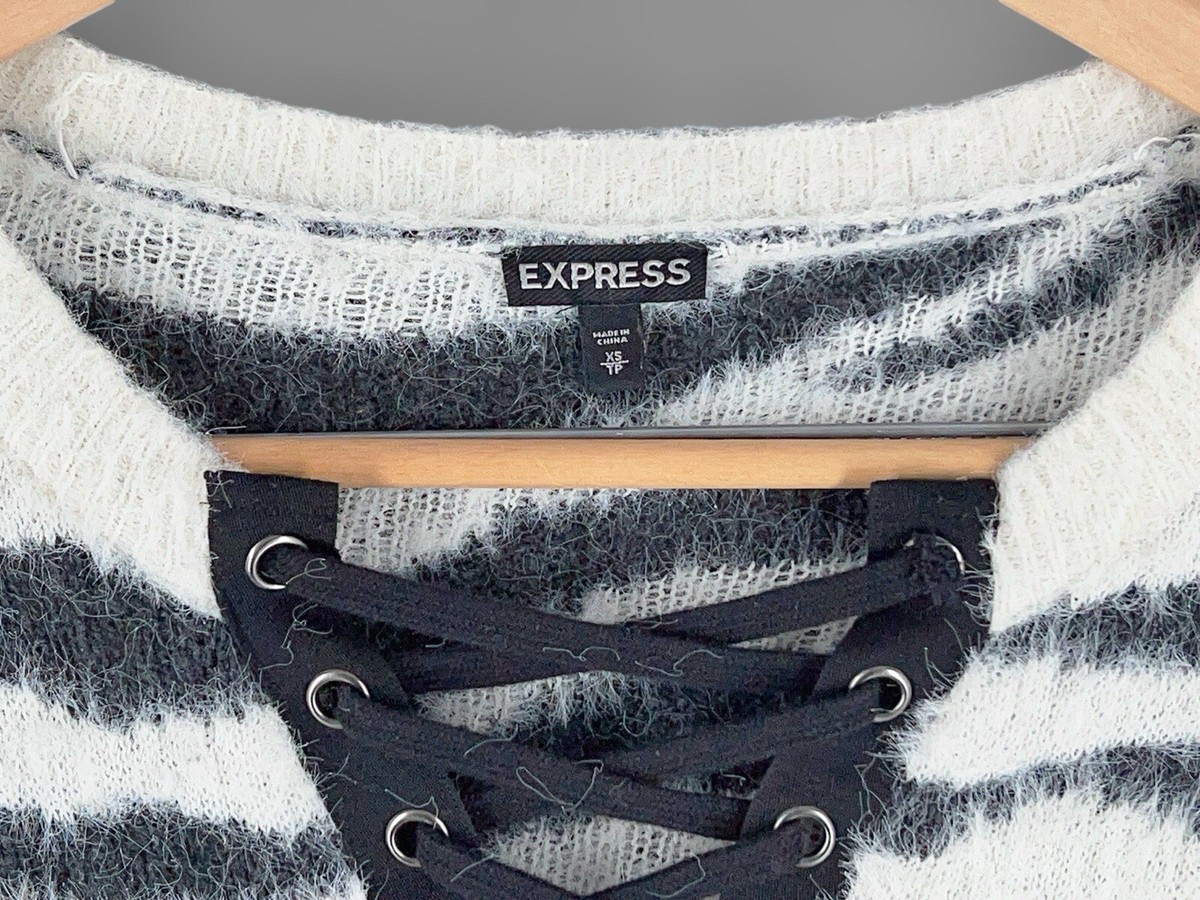 Y2K 90s Express Fuzzy Zebra Print Sweater Lace Up XS Oversized