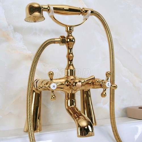 Gold Color Brass Deck Mount Bathroom Clawfoot Tub Faucet Set with Hand Shower - Picture 3 of 8