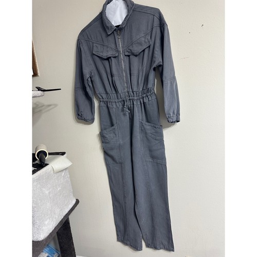 Utility Jumpsuit Gray Full Zip Drawstring Waist Pockets Casual Size Unknown