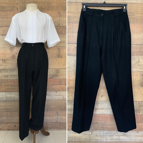Vintage Savannah Black Wool Pleated Lined Trousers Size 8P Academia Cozy