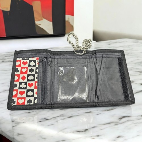 Boys Girls TriFold Slim Wallet with Chain Canvas Black Poker Card Sign Design UK - Picture 4 of 8