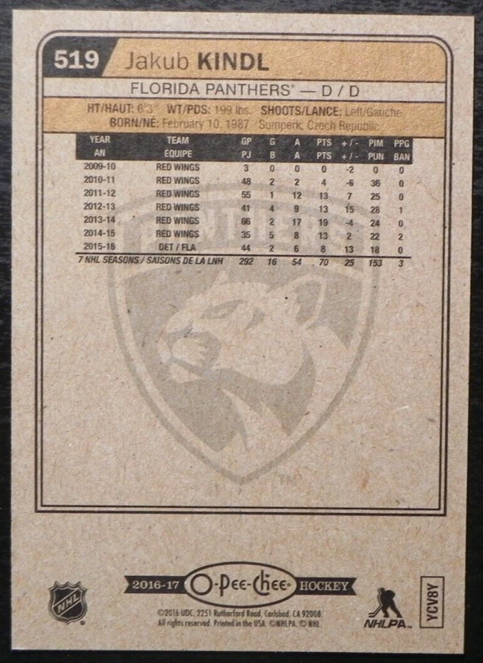 2016-17 16/17 O-Pee-Chee #519 Jakub Kindl Florida Panthers - Image 2 of 2