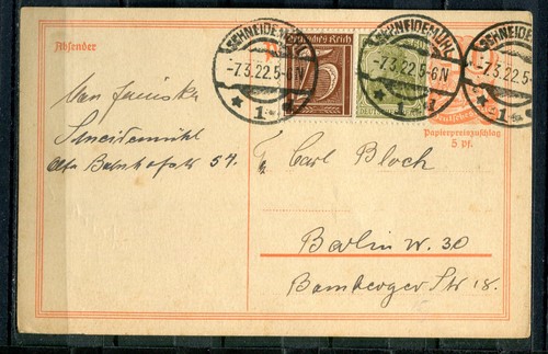 DR 1922 Infla GS m.Mi.Nr.P141 m.Zusatzfrankatur u.TST"Schneidemühl " 1 GS used
