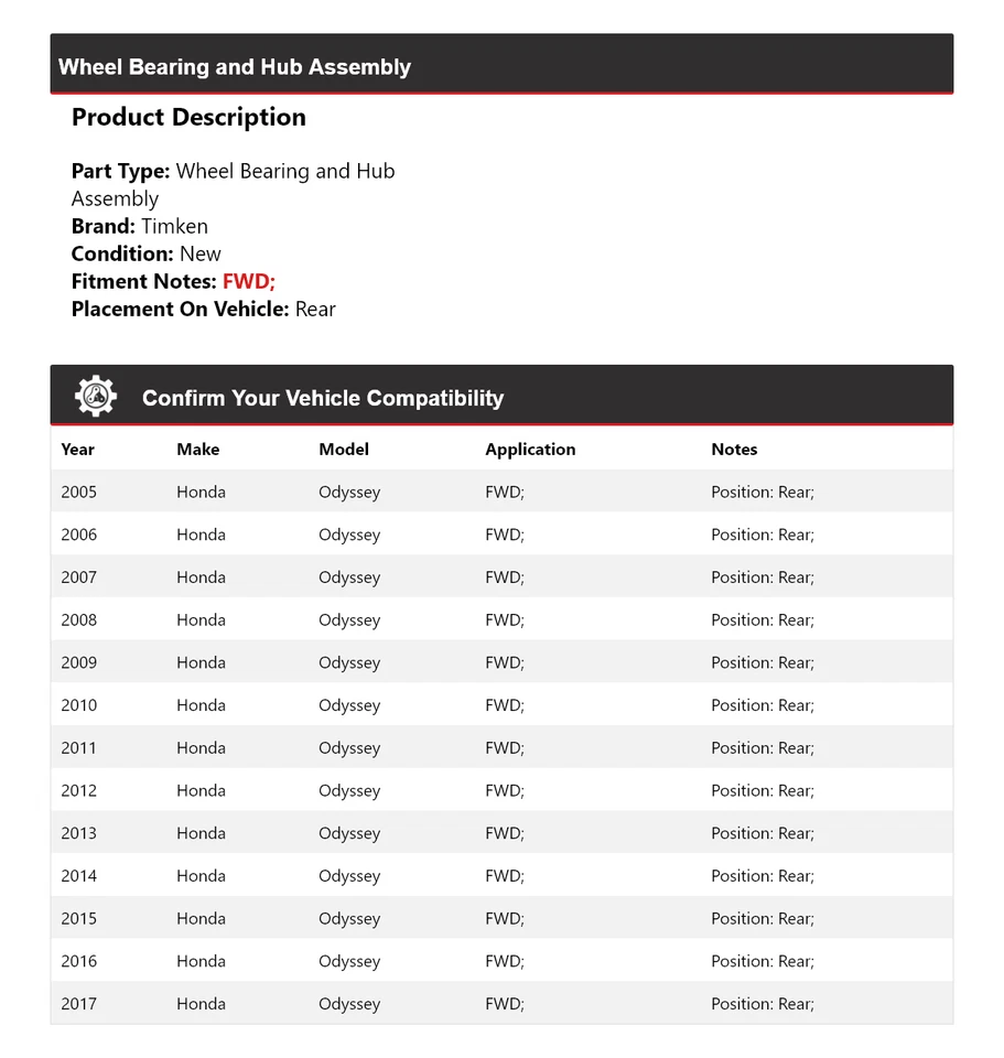 Conjunto de cojinete de rueda y buje trasero Timken 2006 para Honda Odyssey 2005-2017 tracción delantera Foto 2 de 4