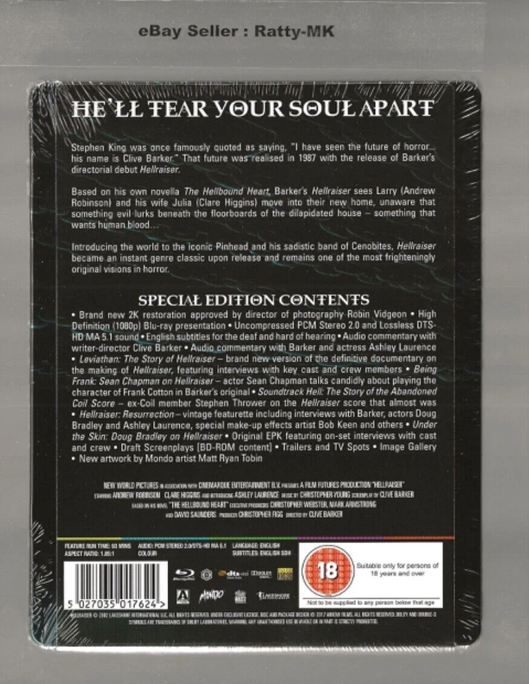 HELLRAISER - UK ARROW VIDEO EXCLUSIVE BLU RAY STEELBOOK - NEW & SEALED - Image 3 of 4